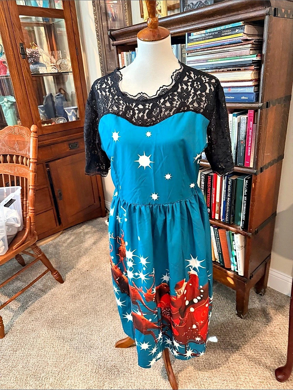 Holiday teal and black Lace Sleeve Midi Dress Like New